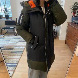 Mackage Down Puffer Coat (Black & Olive with Orange Hood Lining)